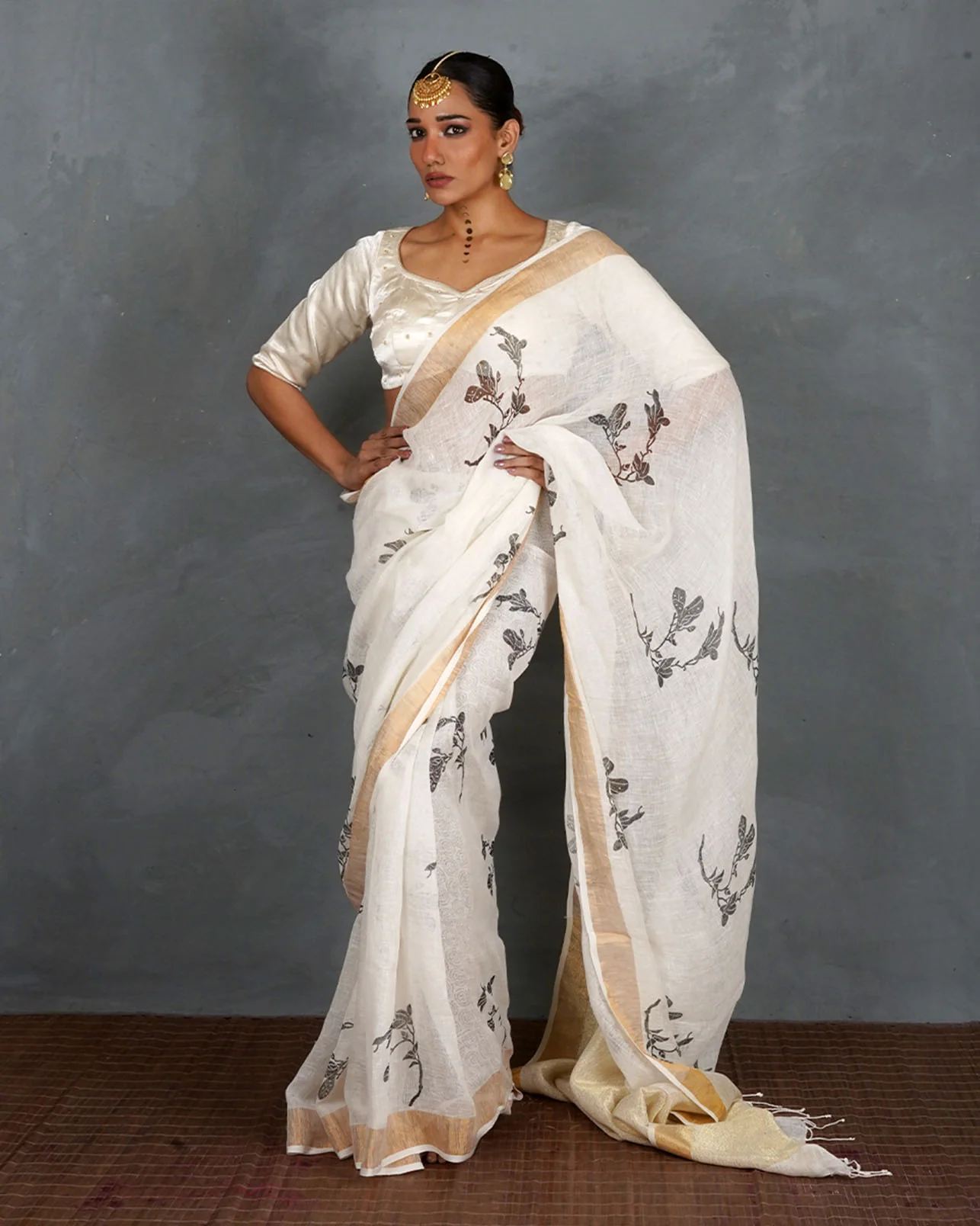 Aabroo White Handblock Linen Saree - TARA