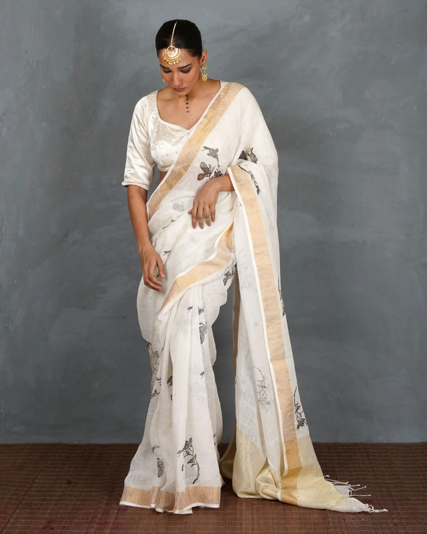 Aabroo White Handblock Linen Saree - TARA - Image 2