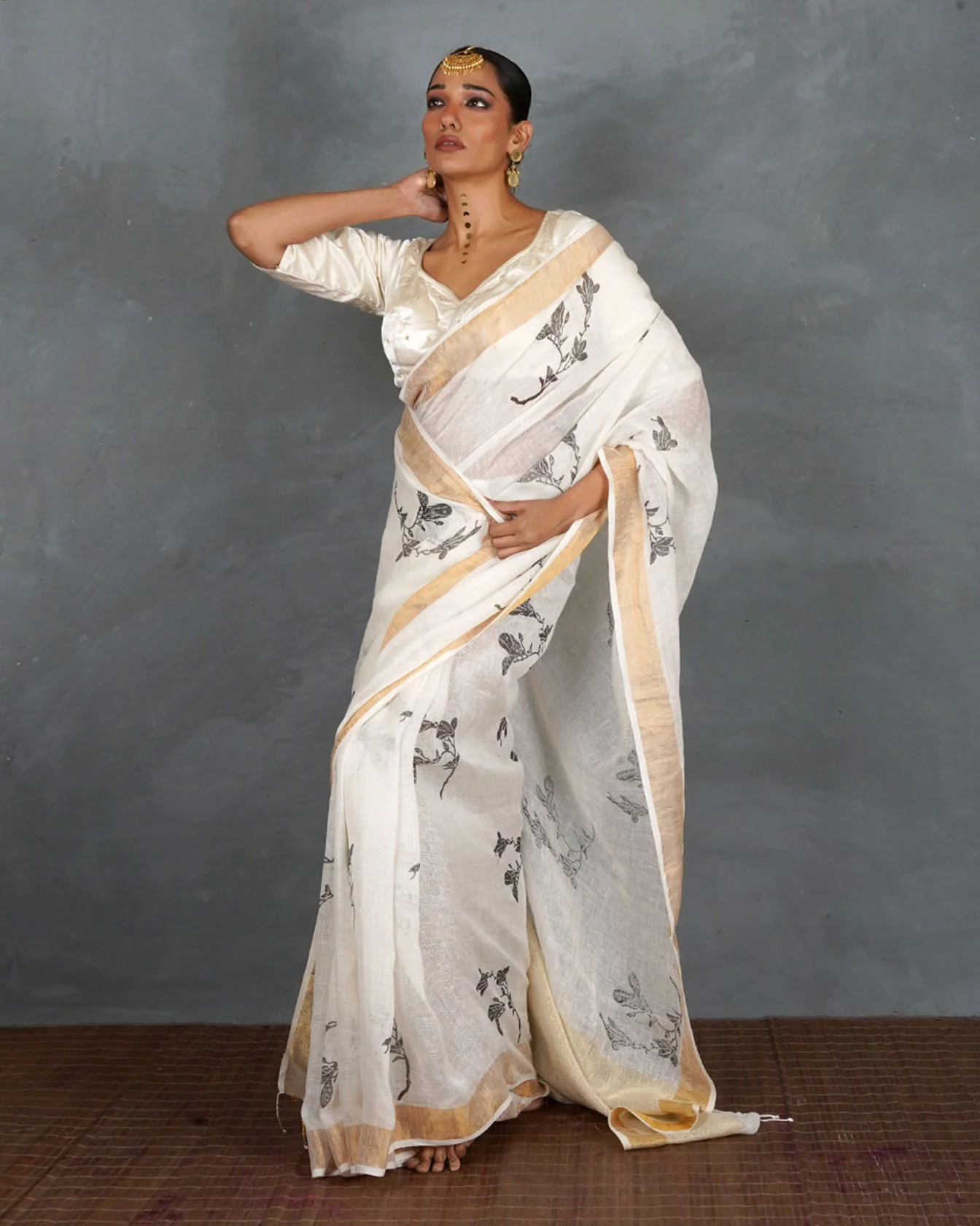 Aabroo White Handblock Linen Saree - TARA - Image 6
