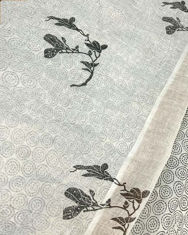 Aabroo White Handblock Linen Saree - TARA - Image 8