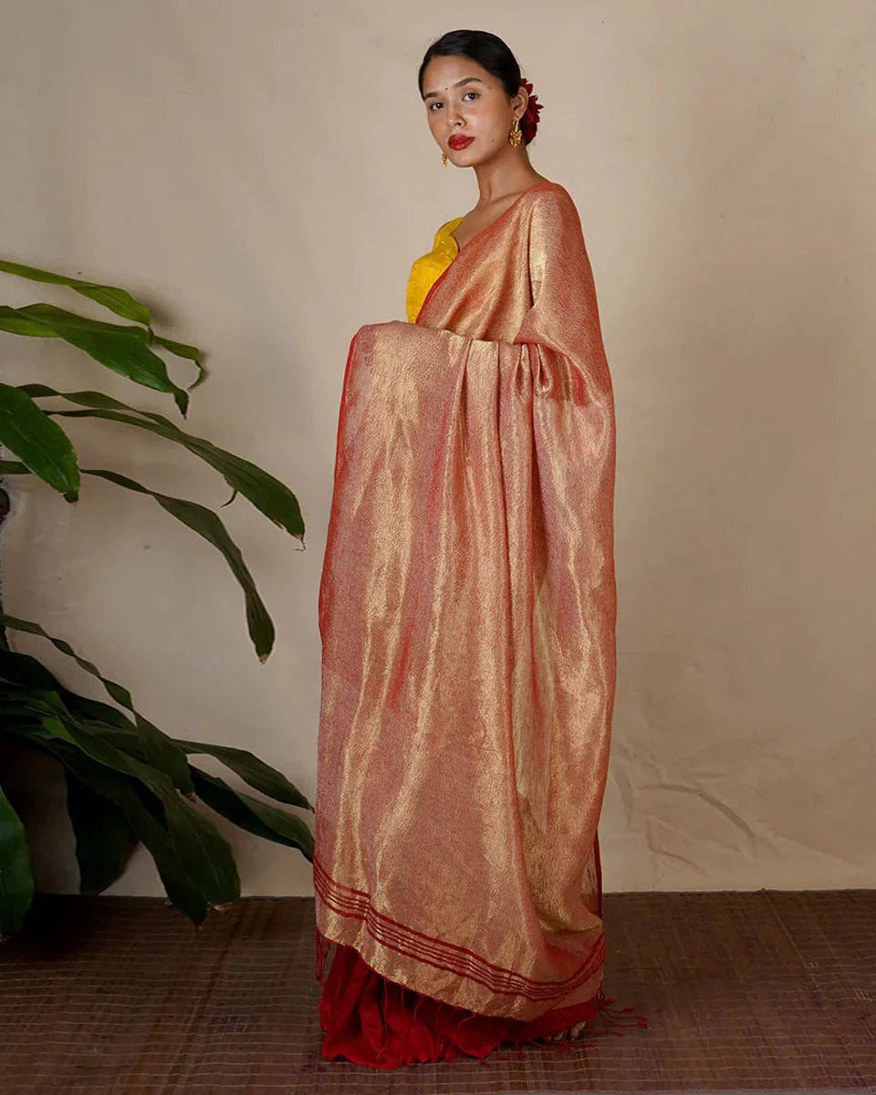 Abhati Red Handwoven Linen Zari Saree - Eknoor - Image 10