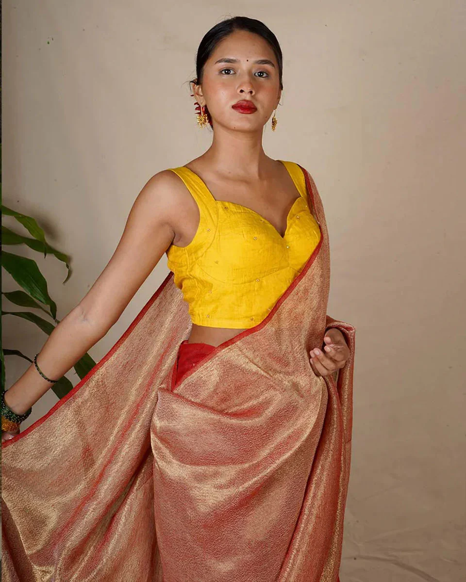 Abhati Red Handwoven Linen Zari Saree - Eknoor - Image 6