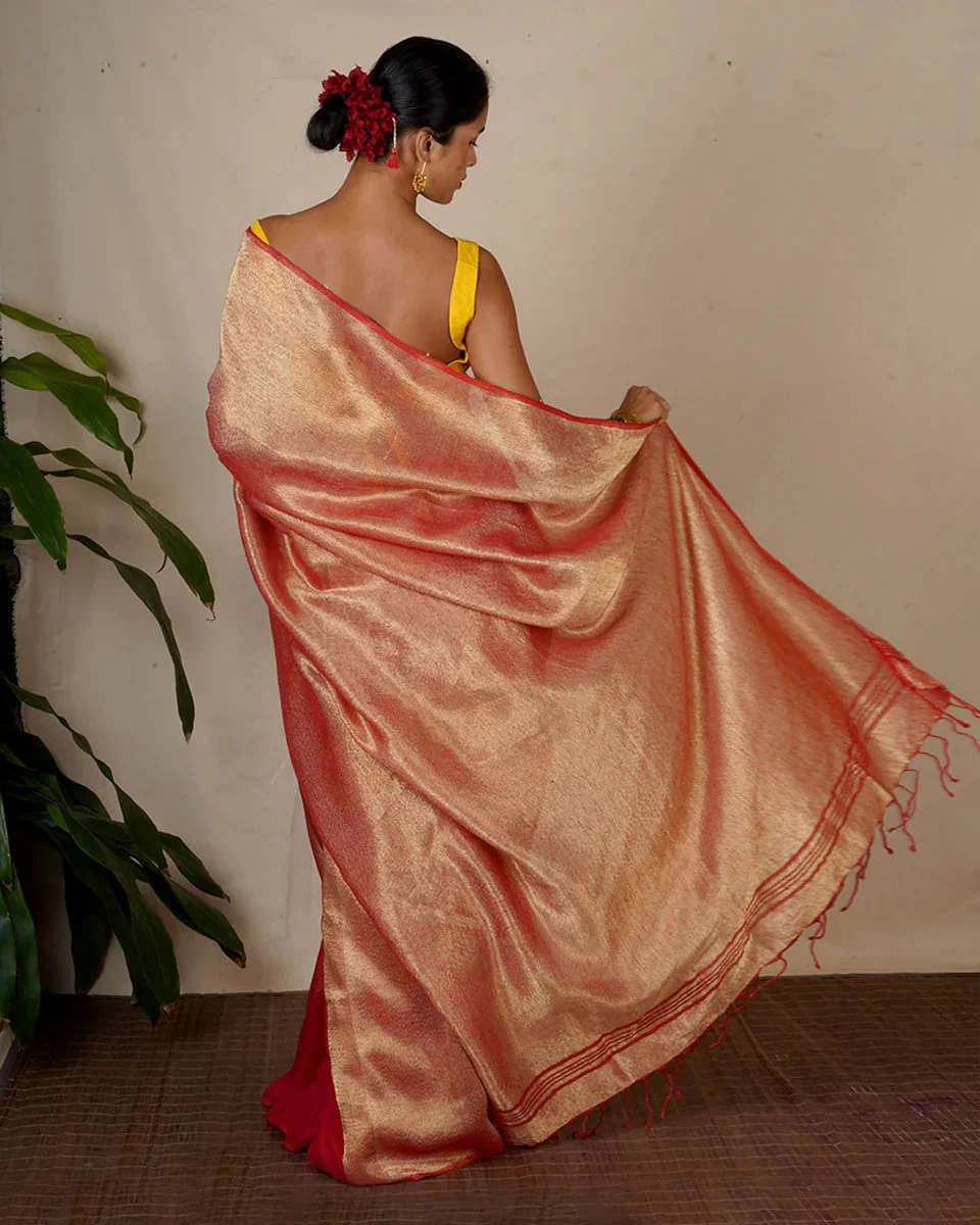 Abhati Red Handwoven Linen Zari Saree - Eknoor - Image 7