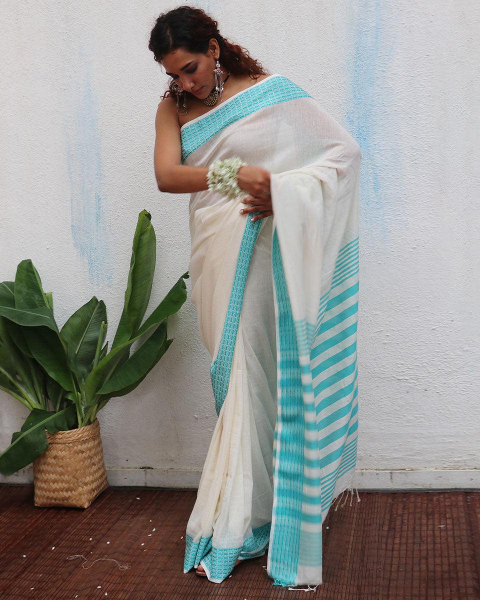 Abhaya Ivory Handwoven Linen Cotton Jamdani Saree - Uma - Image 2