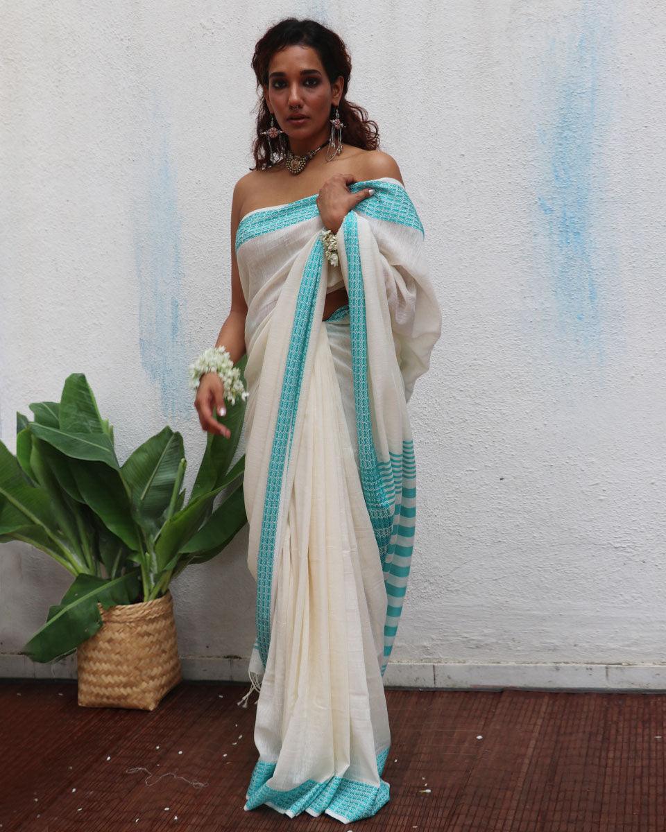 Abhaya Ivory Handwoven Linen Cotton Jamdani Saree - Uma - Image 7