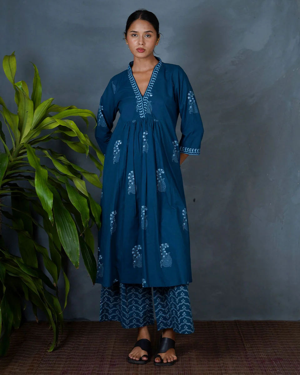 Abhrini Teal Green Hand Block Printed Cotton Kurta-MYA