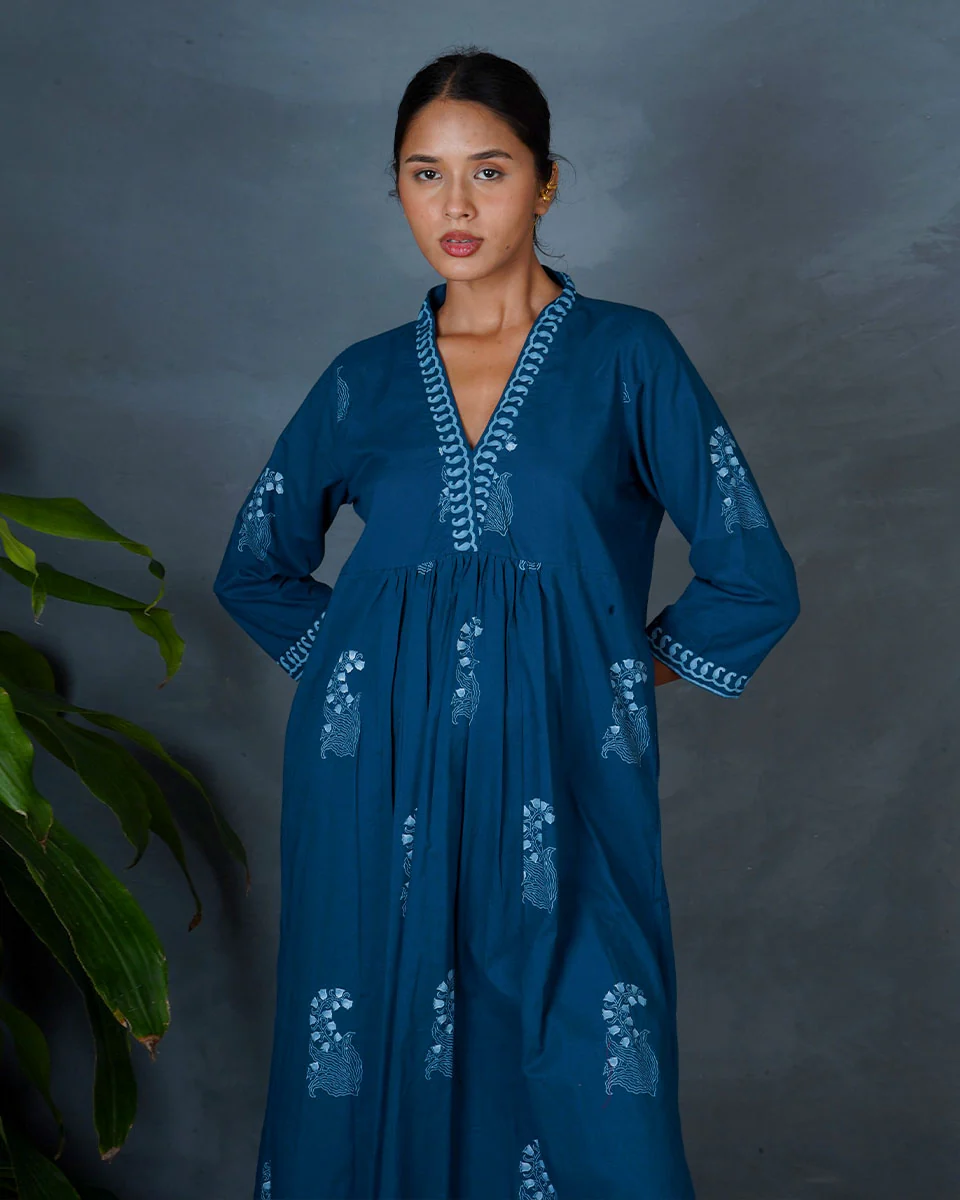 Abhrini Teal Green Hand Block Printed Cotton Kurta-MYA - Image 2