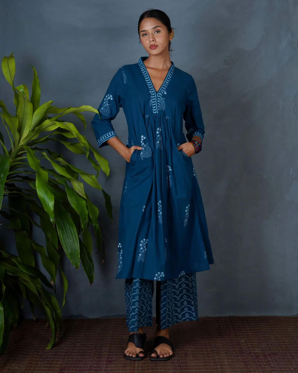 Abhrini Teal Green Hand Block Printed Cotton Kurta-MYA - Image 4