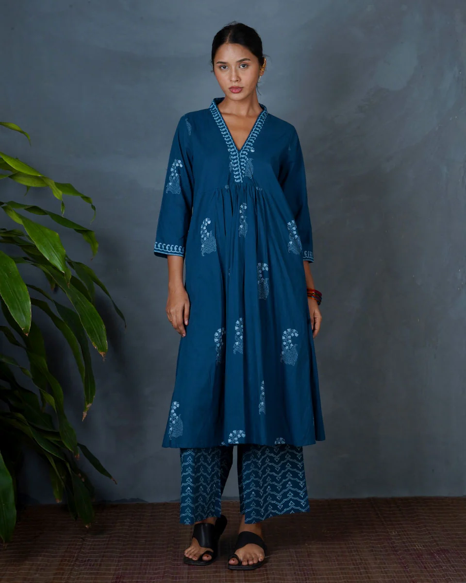 Abhrini Teal Green Hand Block Printed Cotton Kurta-MYA - Image 7