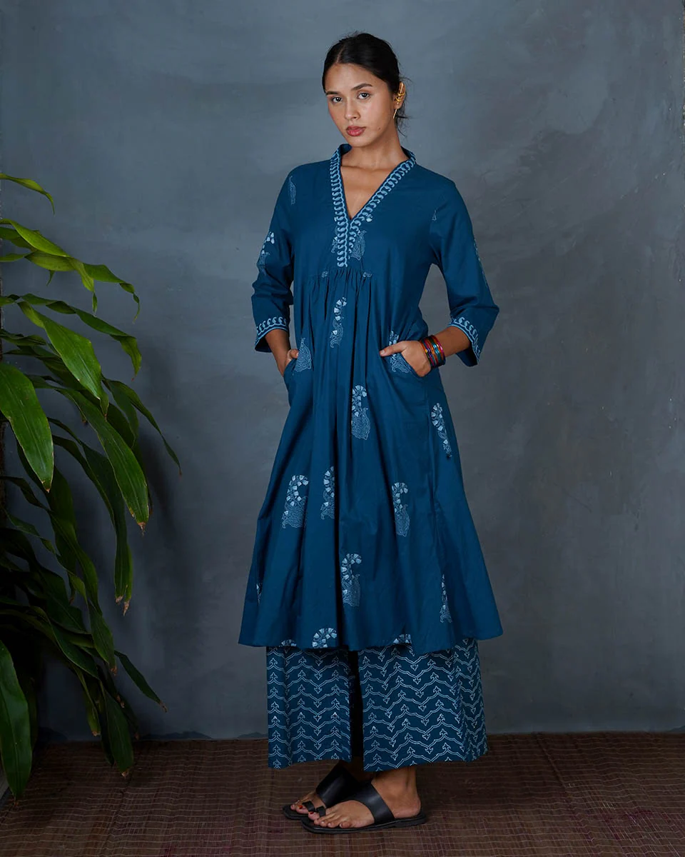 Abhrini Teal Green Hand Block Printed Cotton Kurta-MYA - Image 8