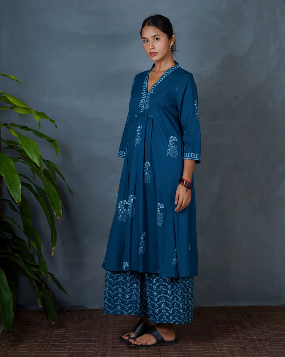 Abhrini Teal Green Hand Block Printed Cotton Kurta-MYA - Image 9