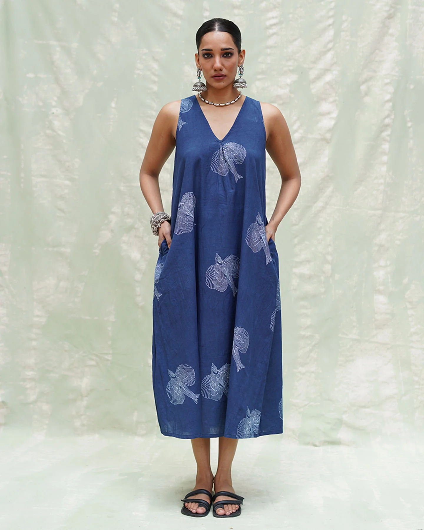 Adana Malhar Blue Handblock Print Cotton Dress - INDI - Image 2
