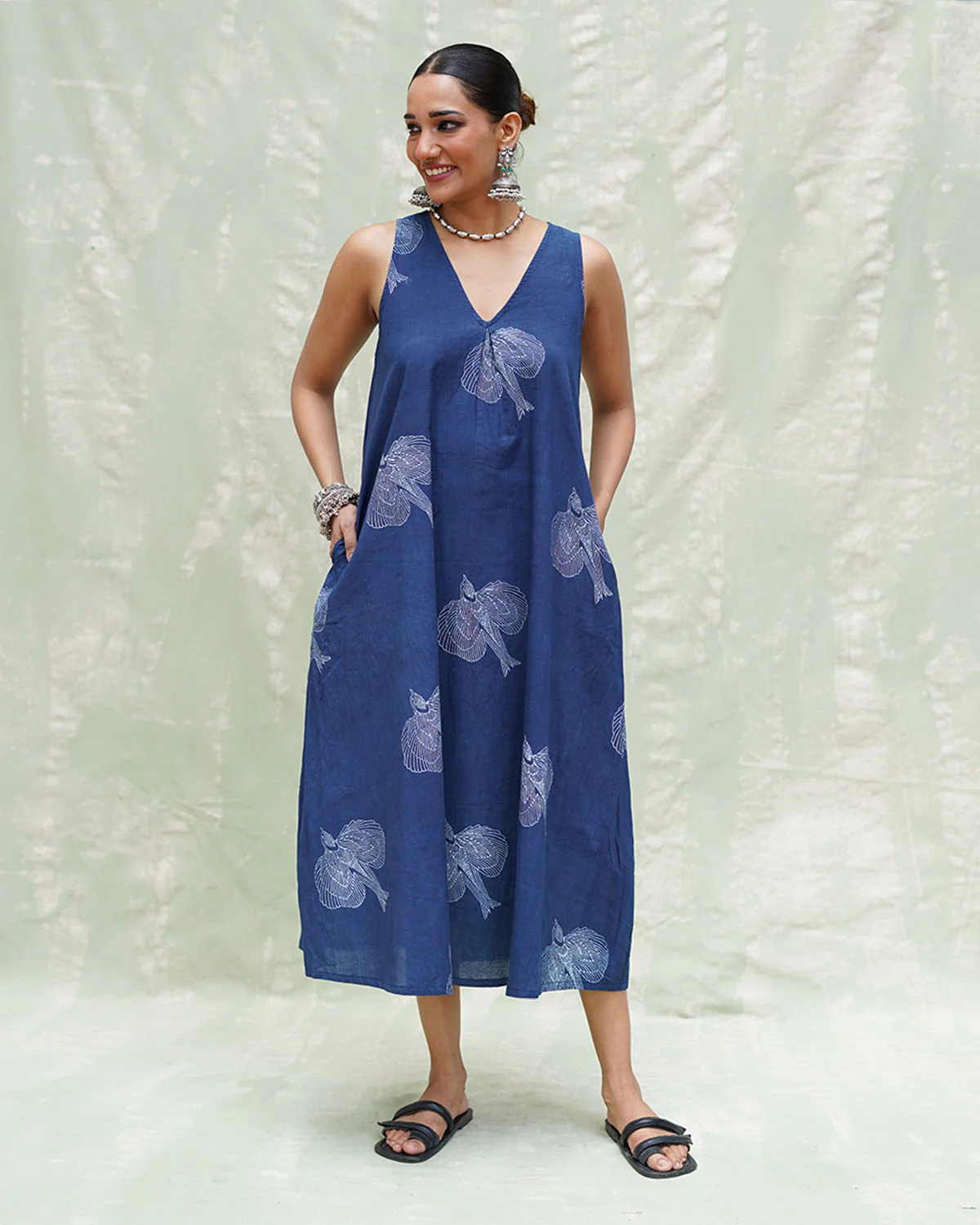 Adana Malhar Blue Handblock Print Cotton Dress - INDI - Image 4