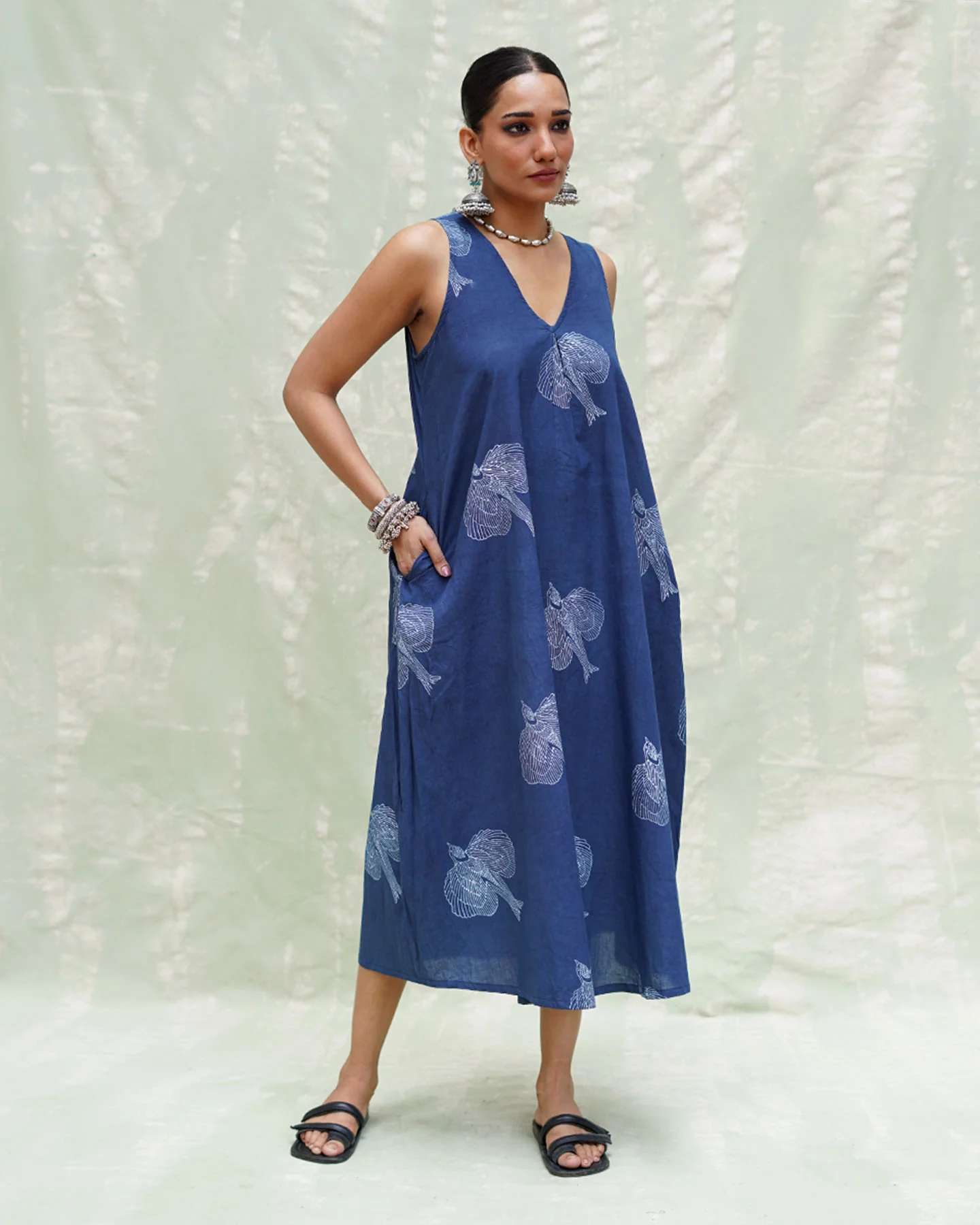Adana Malhar Blue Handblock Print Cotton Dress - INDI - Image 9