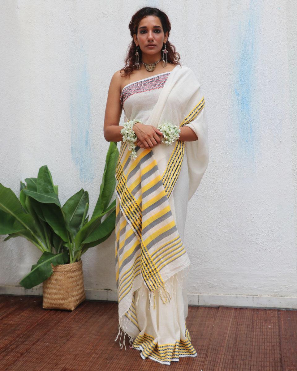 Adya Ivory Handwoven Linen Cotton Jamdani Saree - Uma - Image 2