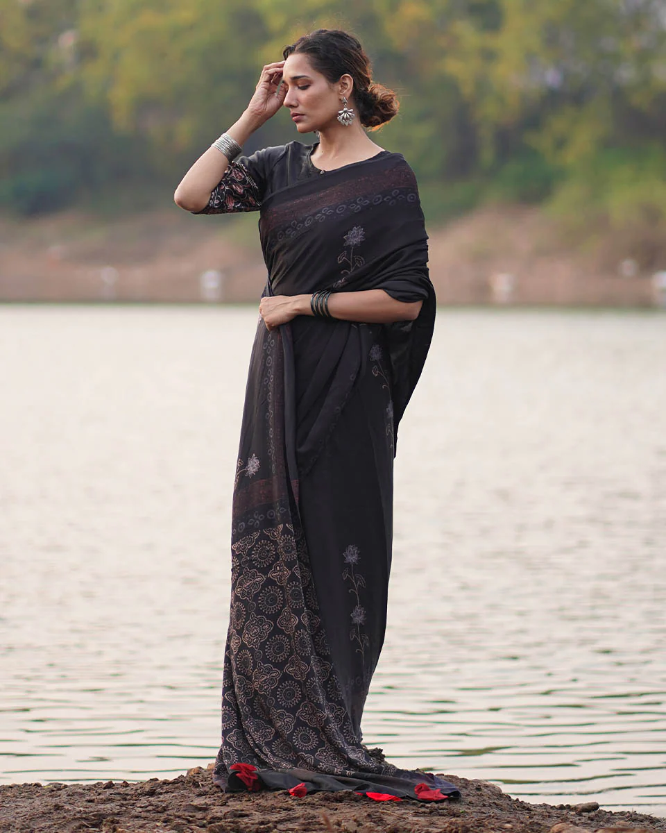 Ahima Black Block printed Modal Silk Saree - Jaisal - Image 6