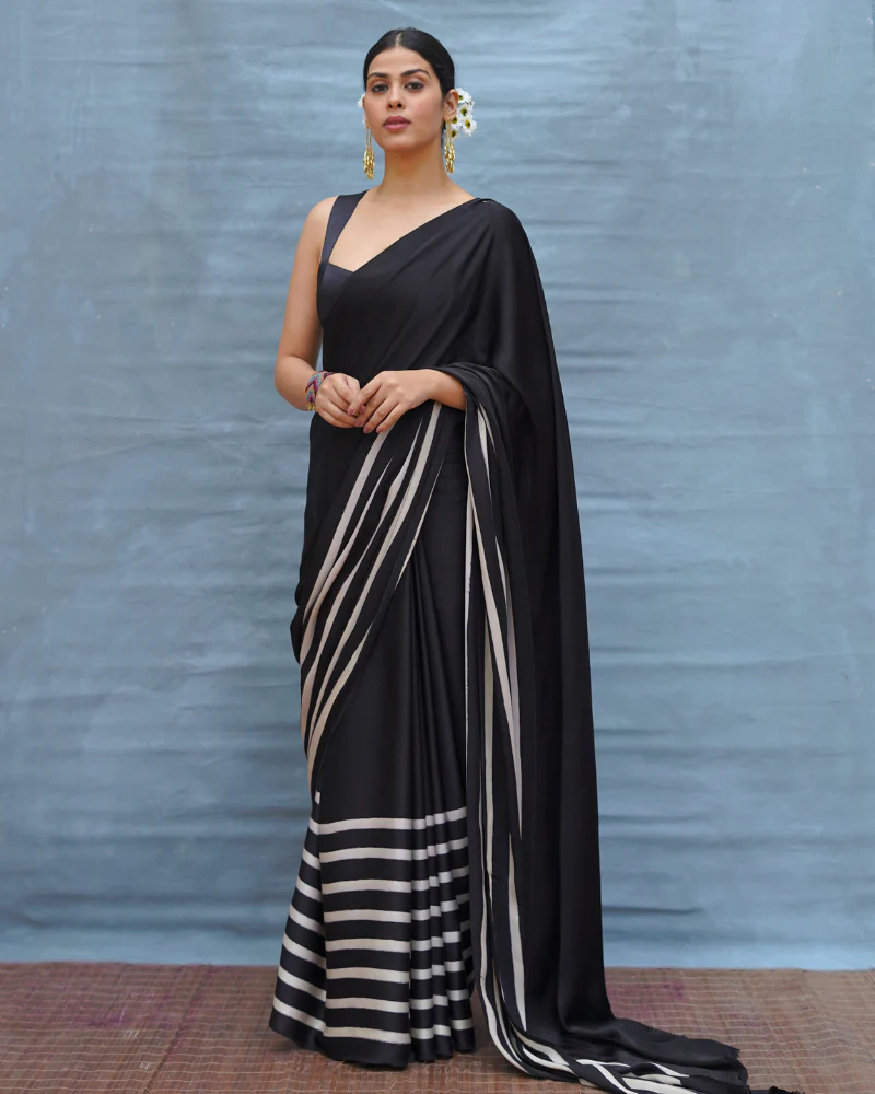 Airy Fold Black Handblock Print Modal Silk Saree - Flow