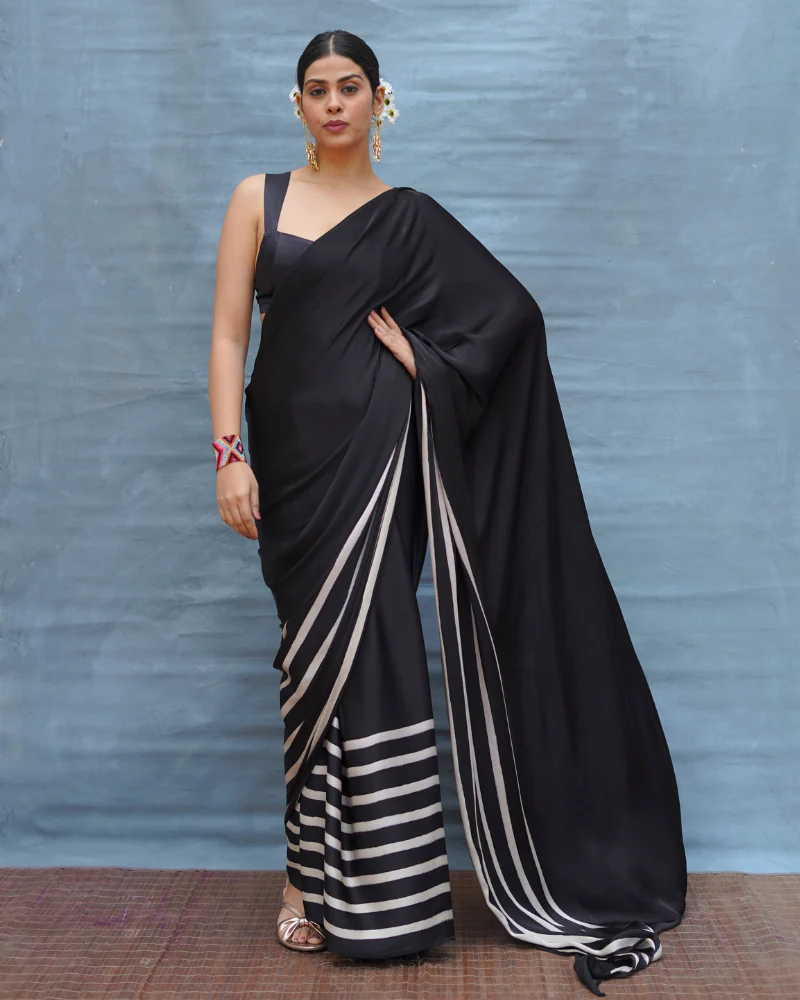 Airy Fold Black Handblock Print Modal Silk Saree - Flow - Image 10