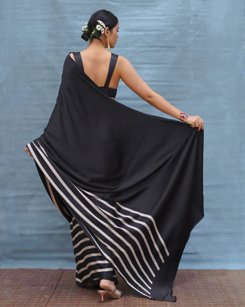Airy Fold Black Handblock Print Modal Silk Saree - Flow - Image 3