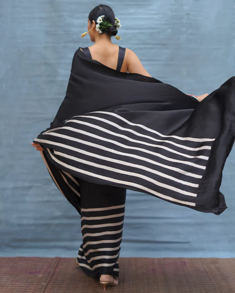Airy Fold Black Handblock Print Modal Silk Saree - Flow - Image 4