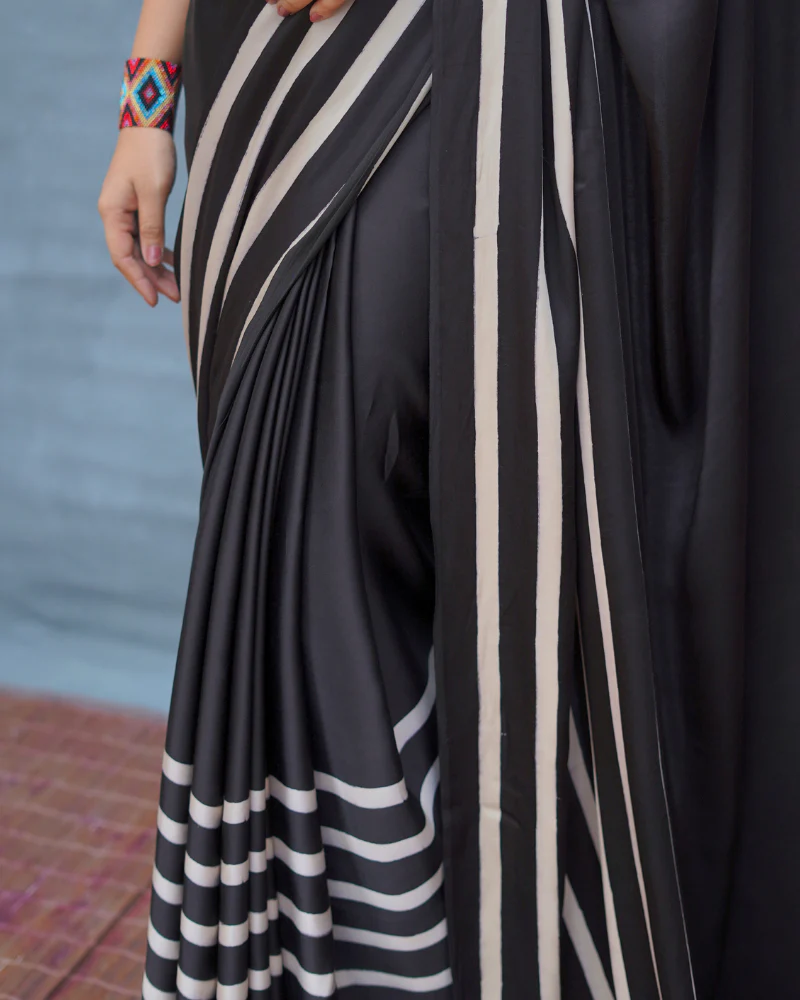 Airy Fold Black Handblock Print Modal Silk Saree - Flow - Image 5