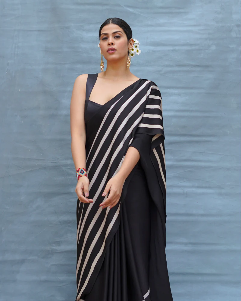 Airy Fold Black Handblock Print Modal Silk Saree - Flow - Image 6