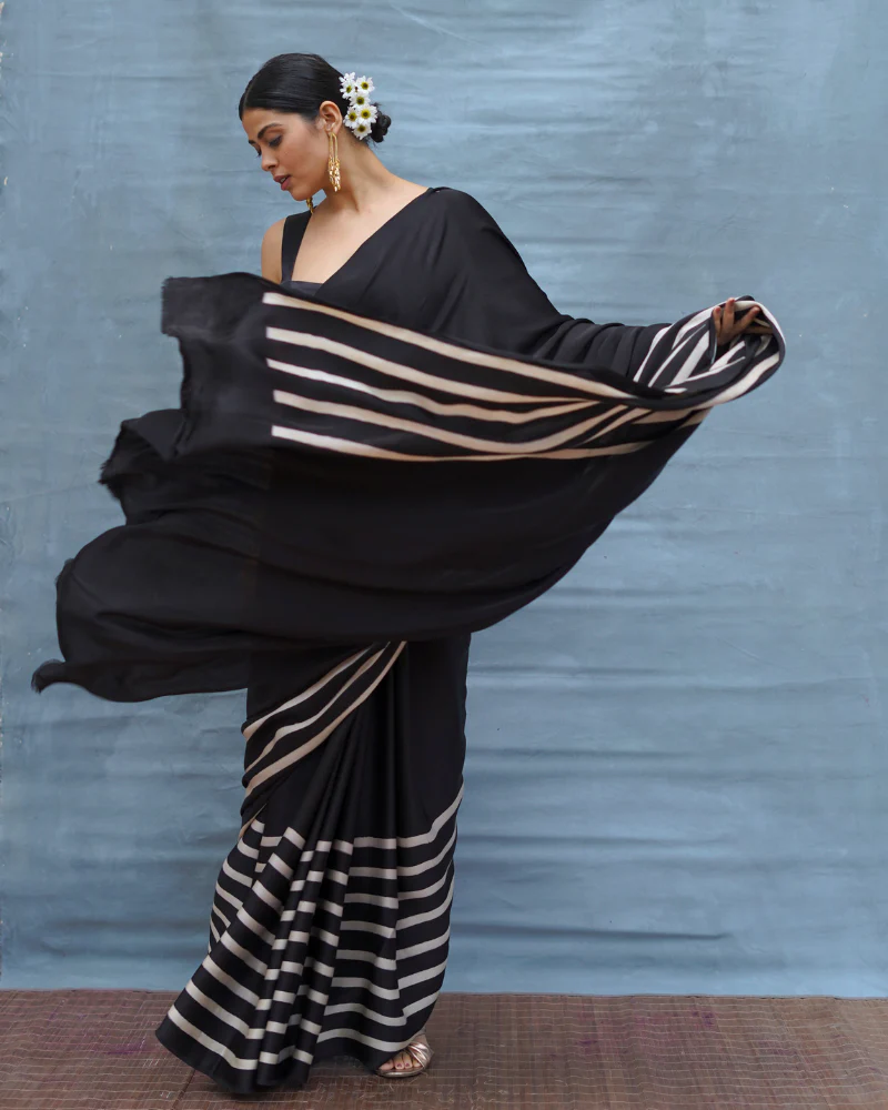 Airy Fold Black Handblock Print Modal Silk Saree - Flow - Image 7