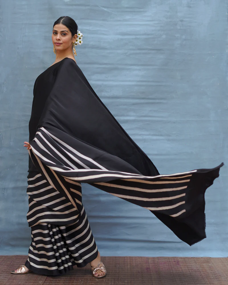 Airy Fold Black Handblock Print Modal Silk Saree - Flow - Image 9