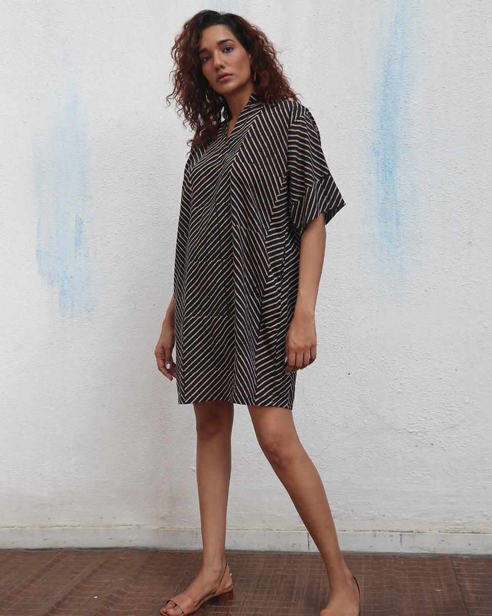 Almond Butter Handblock Printed Cotton Dress - Mono - Image 5