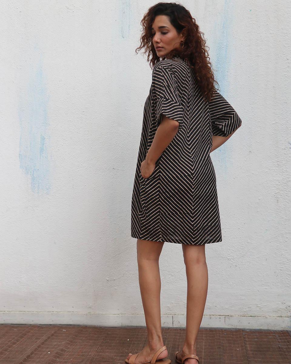 Almond Butter Handblock Printed Cotton Dress - Mono - Image 6