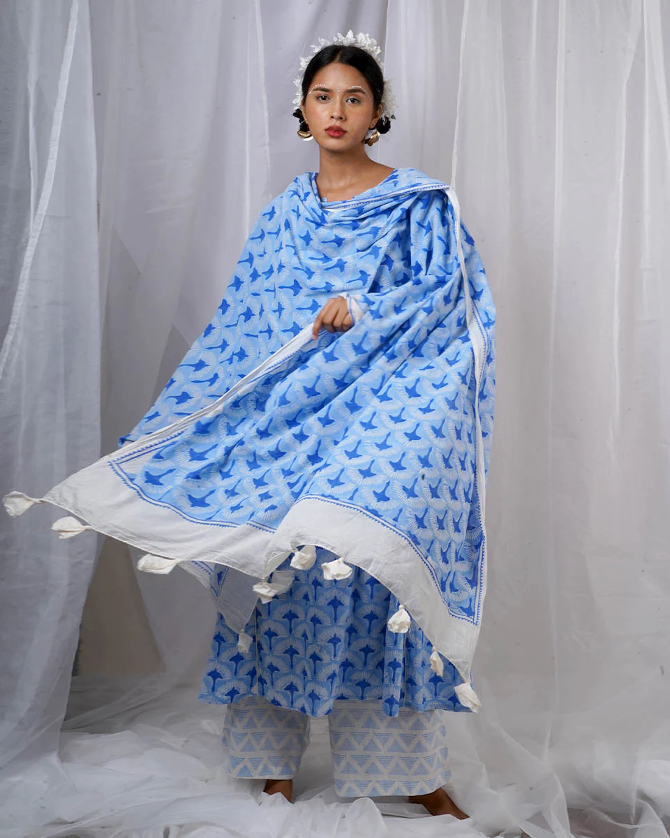 Amaaya Blue Hand Block Printed Dupatta-BAD - Image 10