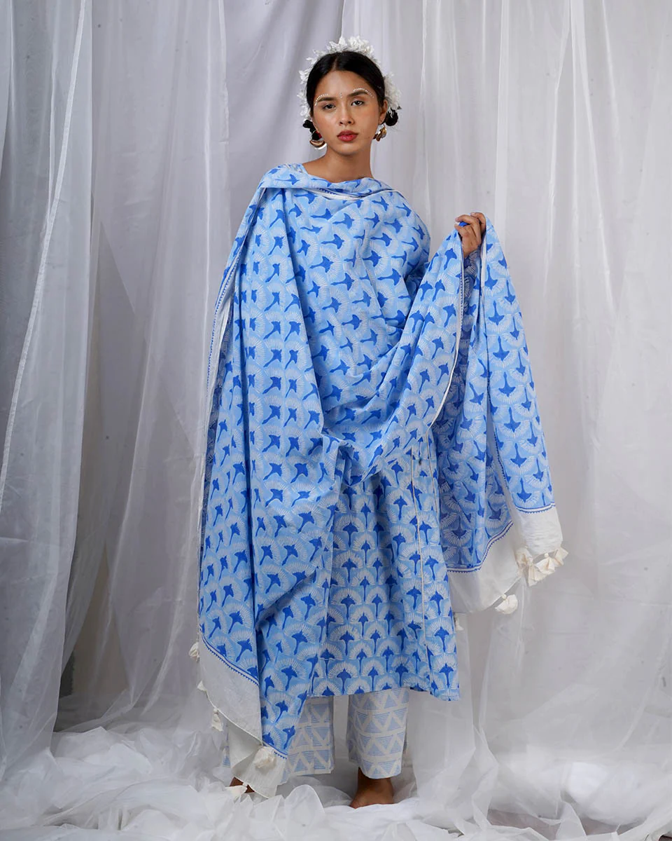 Amaaya Blue Hand Block Printed Dupatta-BAD - Image 5