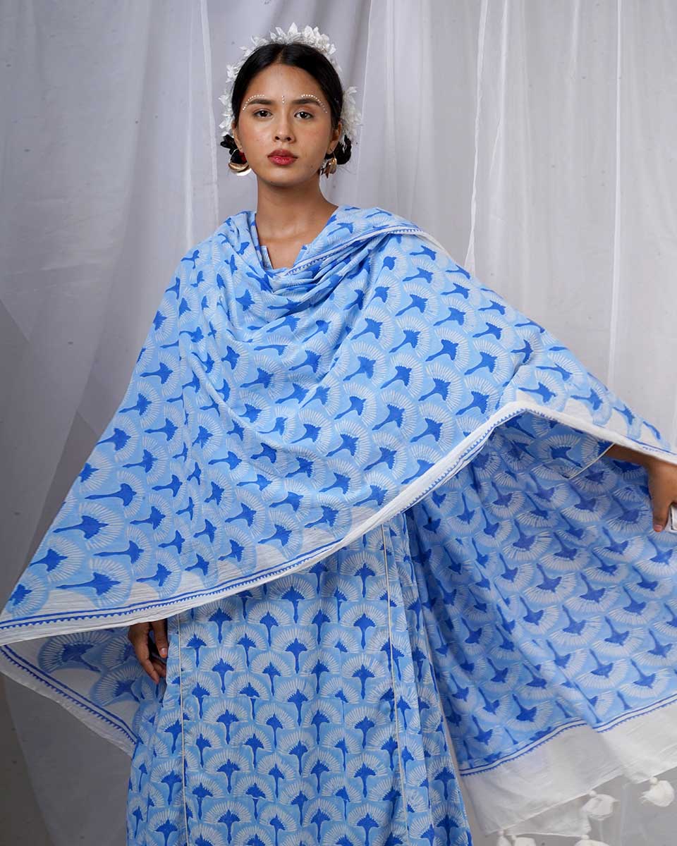 Amaaya Blue Hand Block Printed Dupatta-BAD - Image 9