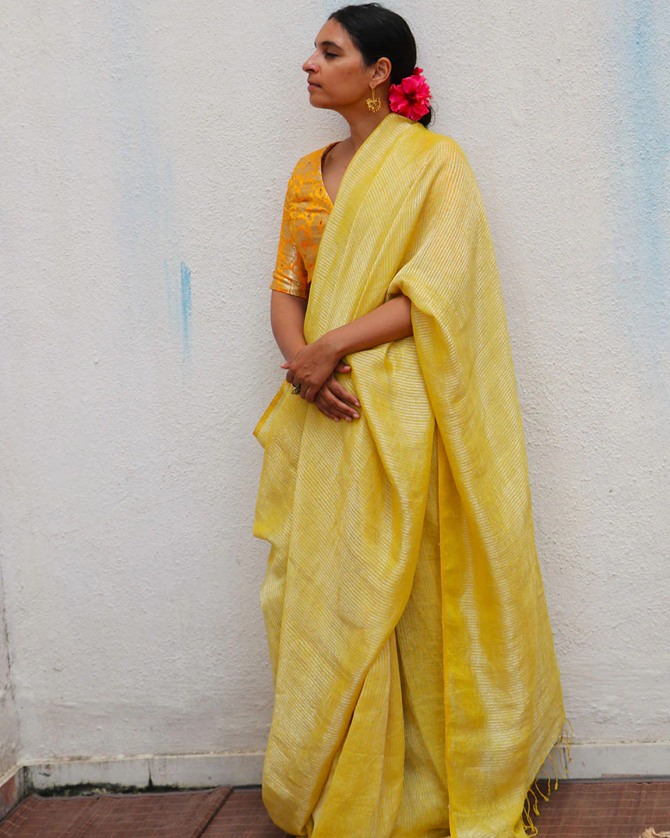 Amber Handwoven Linen Zari Saree - TOG - Image 5