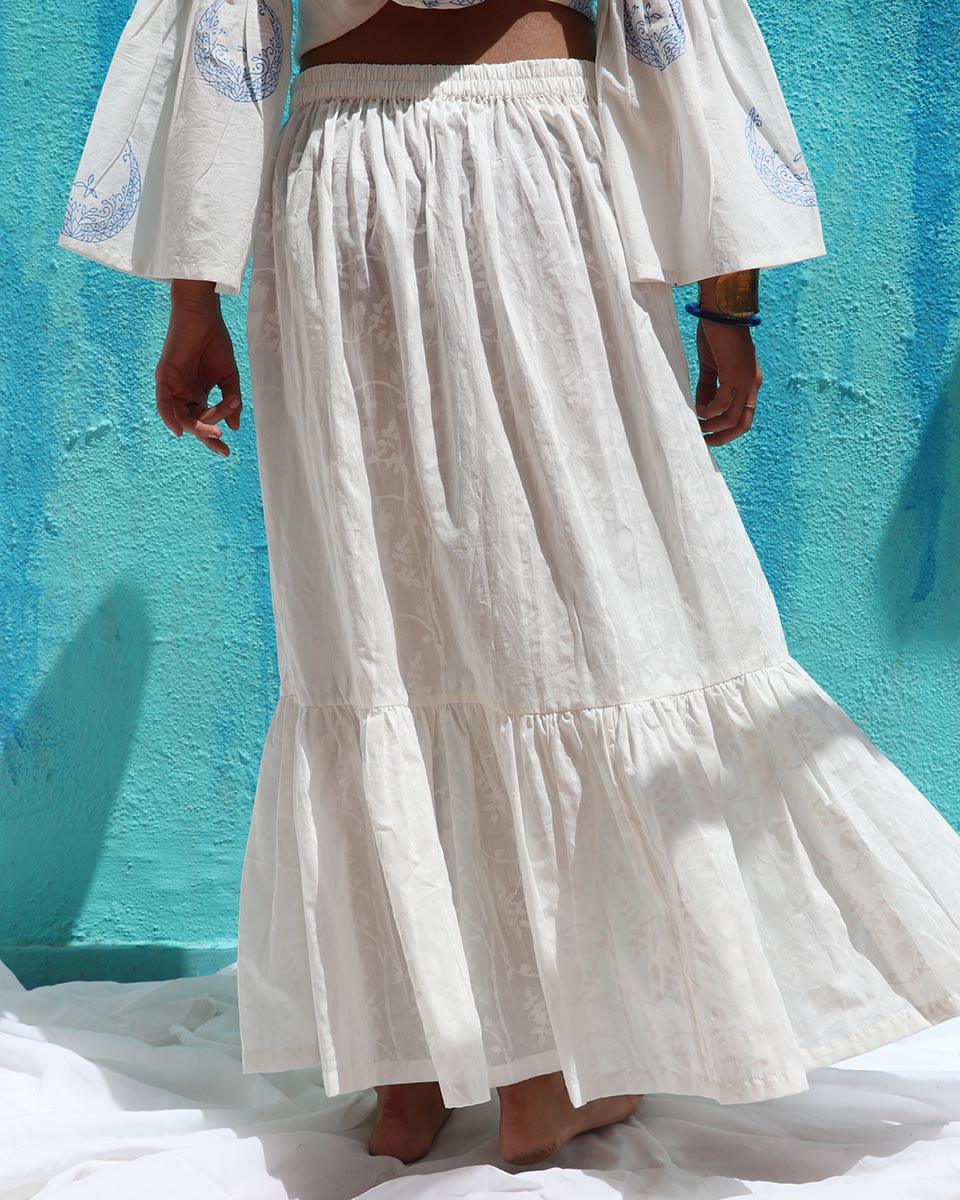 Anabeth Handprinted Cotton Skirt - Safed - Image 4