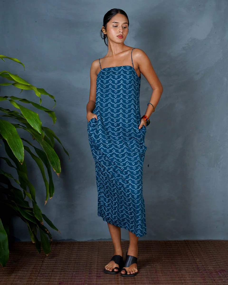 Anaya Teal Green Hand Block Printed Cotton Dress-MYA