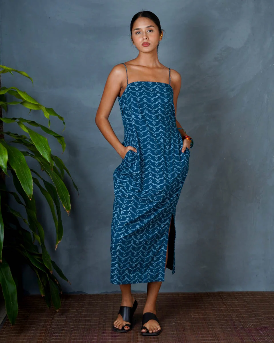 Anaya Teal Green Hand Block Printed Cotton Dress-MYA - Image 4