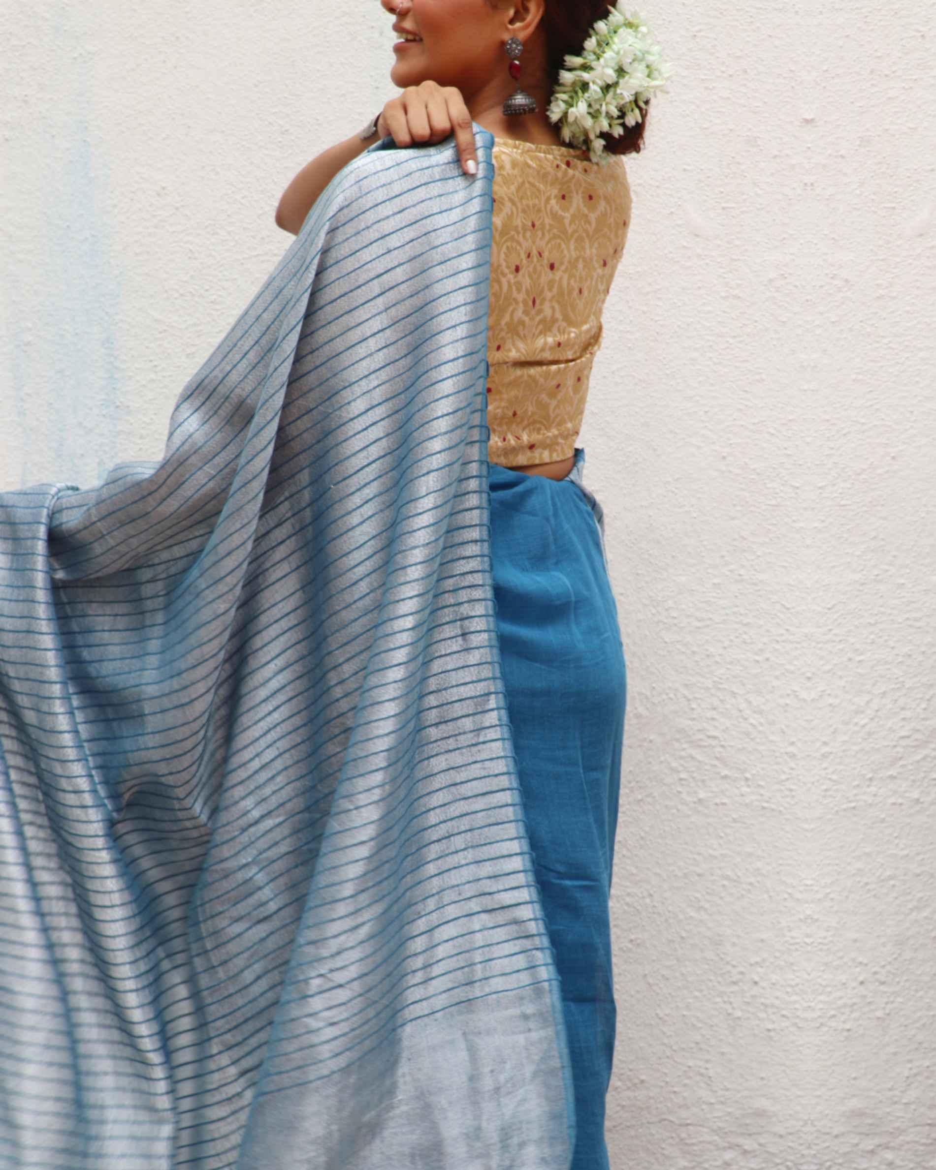 Anumeha Blue Handwoven Linen Zari Saree - Jheel - Image 9