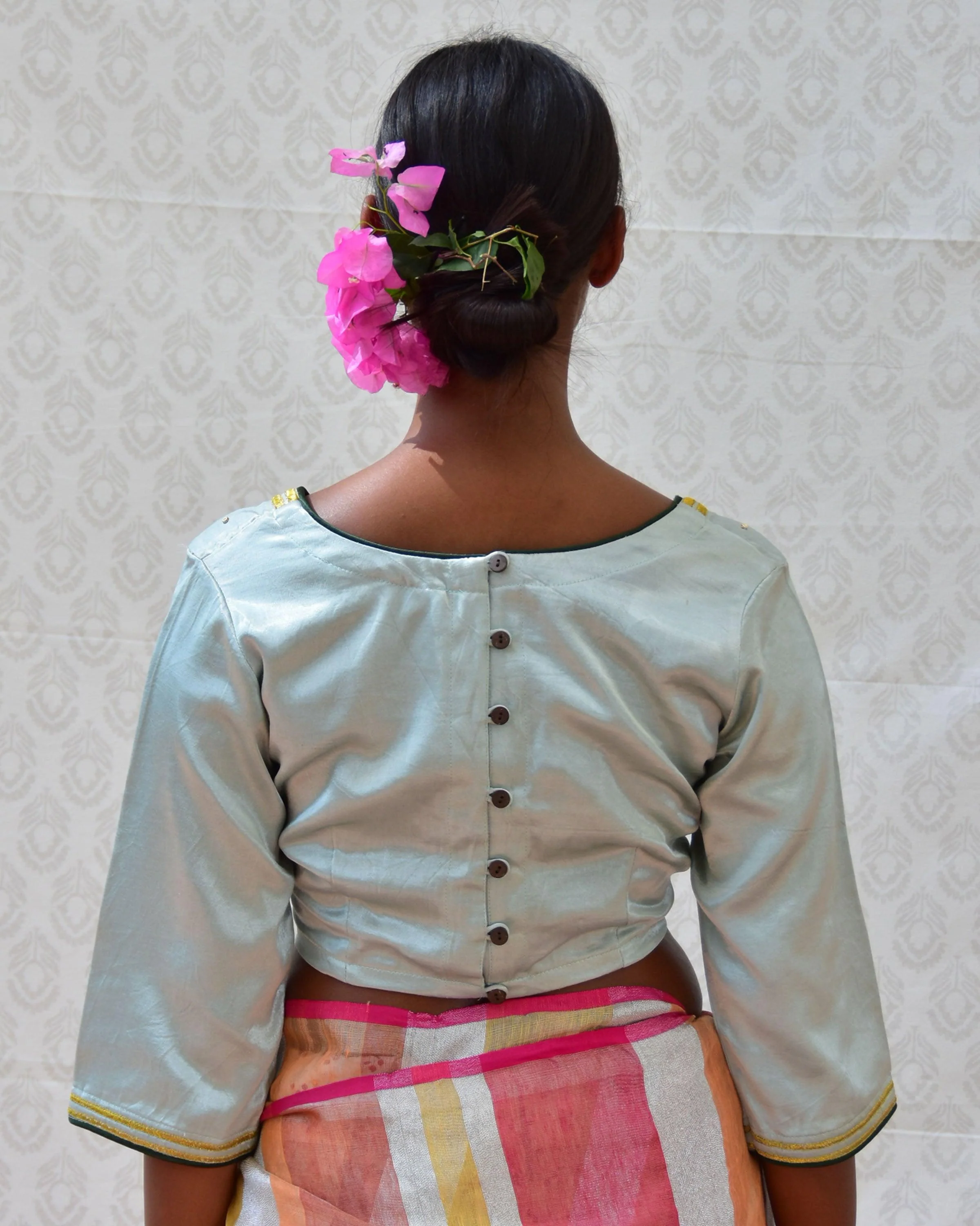 Aqua Green Hand Embroidered Mashru Silk Blouse - Bgvl - Image 3