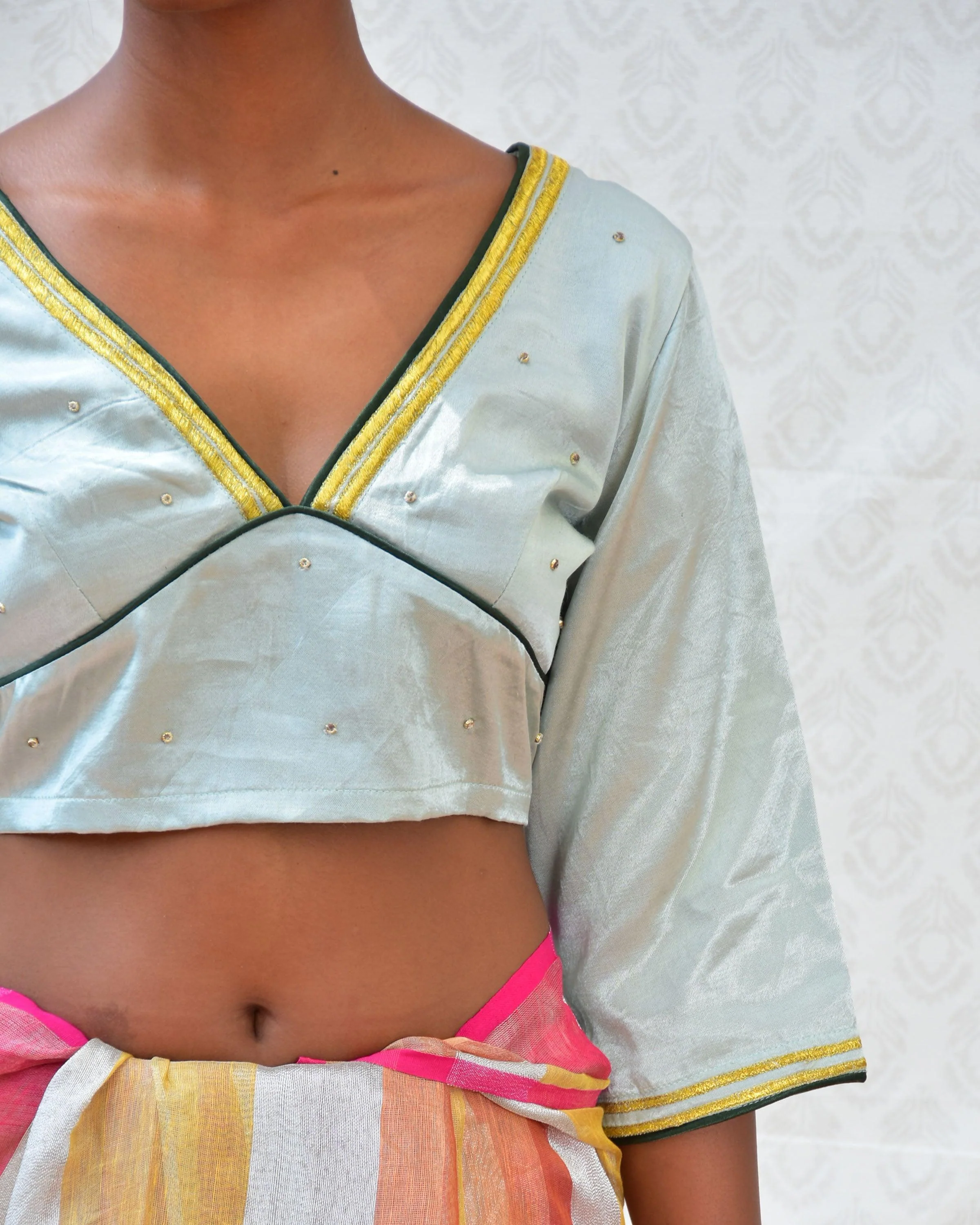 Aqua Green Hand Embroidered Mashru Silk Blouse - Bgvl - Image 4