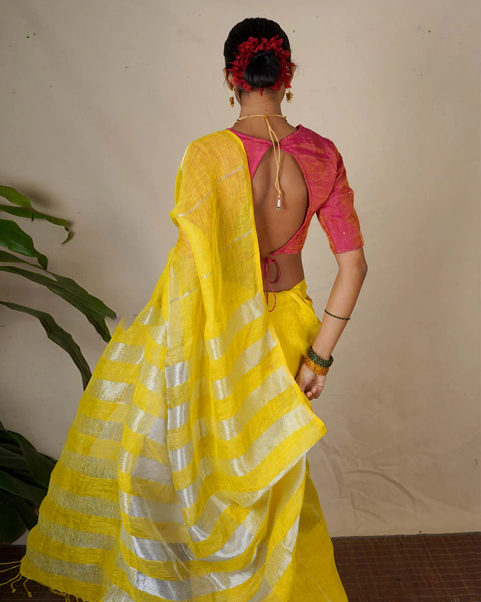 Arunima Yellow Handwoven Linen Zari Saree - Eknoor - Image 11