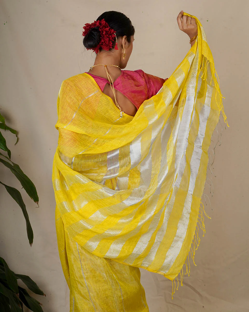 Arunima Yellow Handwoven Linen Zari Saree - Eknoor - Image 12