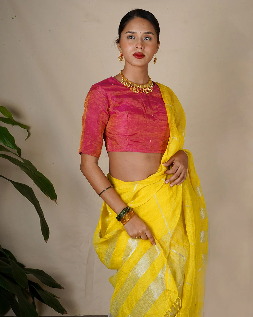 Arunima Yellow Handwoven Linen Zari Saree - Eknoor - Image 6