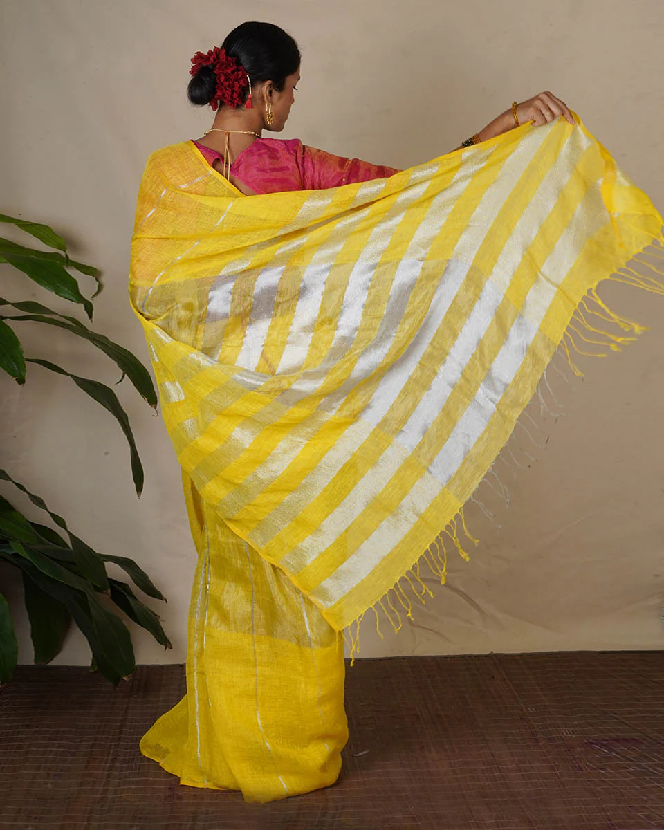 Arunima Yellow Handwoven Linen Zari Saree - Eknoor - Image 7