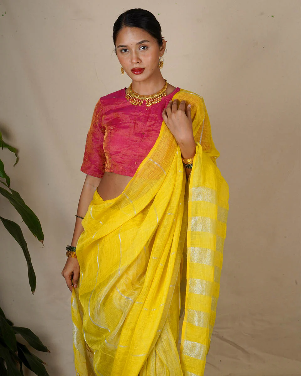 Arunima Yellow Handwoven Linen Zari Saree - Eknoor - Image 9