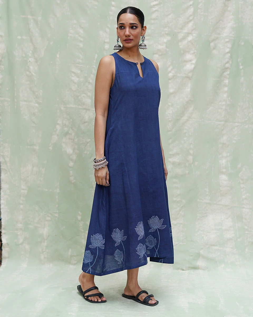 Asravi Blue Handblock Print Cotton Dress - INDI - Image 6