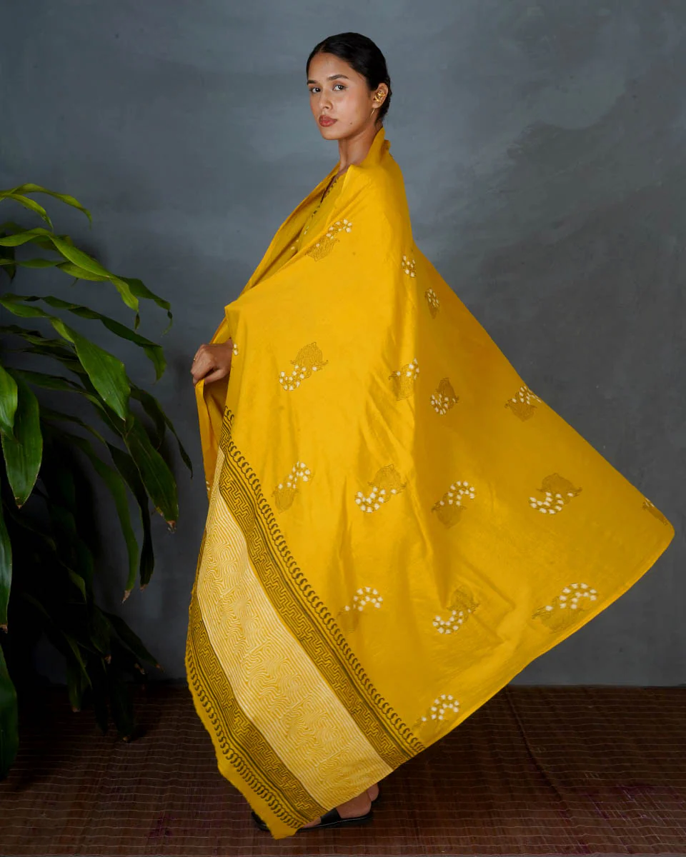 Avira Yellow Hand Block Printed Cotton Dupatta-MYA