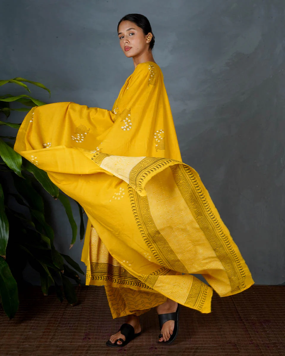 Avira Yellow Hand Block Printed Cotton Dupatta-MYA - Image 4