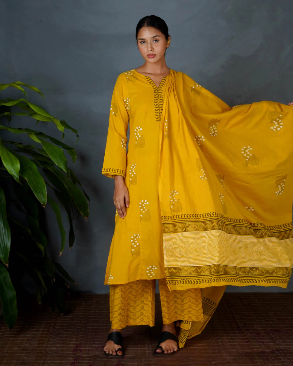 Avira Yellow Hand Block Printed Cotton Dupatta-MYA - Image 5