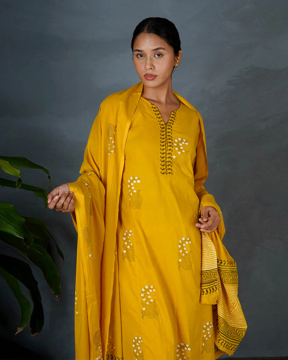 Avira Yellow Hand Block Printed Cotton Dupatta-MYA - Image 8